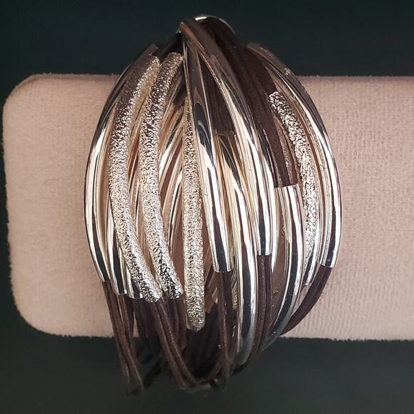 Saachi Multi-strand Statement Bracelet Dark Brown Cords with Silver Tone Bars - Picture 6 of 10